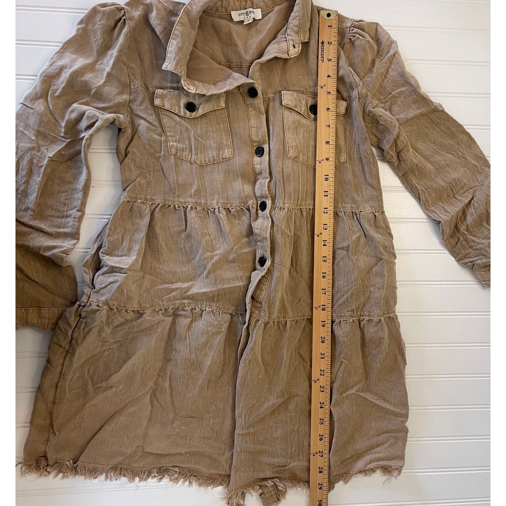 Umgee Tan Mineral Wash Western Boho Tiered Button Down Dress Raw Hem Small - Picture 7 of 9